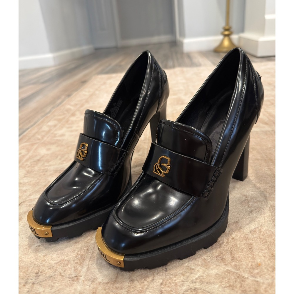 Karl Lagerfeld Paris Virna Black Lug Sole Platform Loafer Block Heels 8M